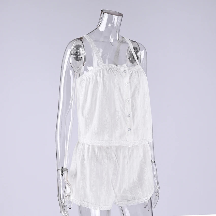 Hiloc Summer Elegant Jacquard Weave Shorts Suits Pajamas Cotton Ruffles White Sleepwear Home Spaghetti Strap Vest Casual Sets