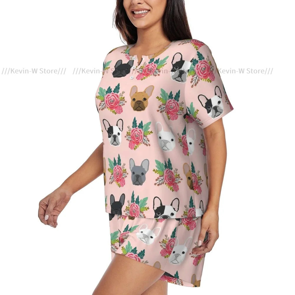 Women Pajamas Set Short Sleeve French Bulldog Flowers Florals Dog Sleepwear Loungewear for Summer Nightwear