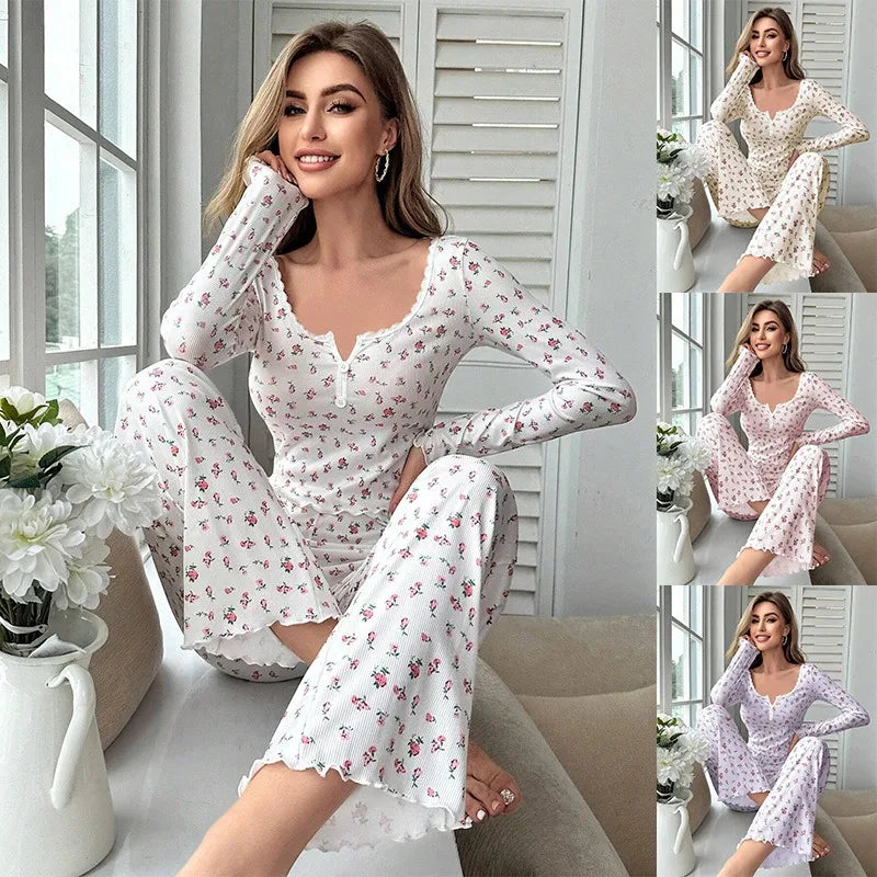 Leisure Floral Pajama Set with Spring and Autumn Long Sleeves and Pants Worn Outside Fashionable and Comfortable Home Clothes