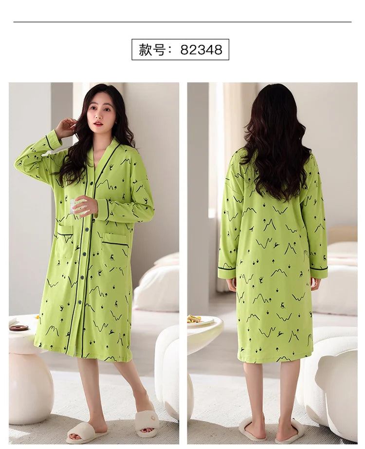 Big Size M-5XL Spring and Autumn Women Nightdress With Chest Pad Femme Knited Cotton Nightwear Floral Nightgown