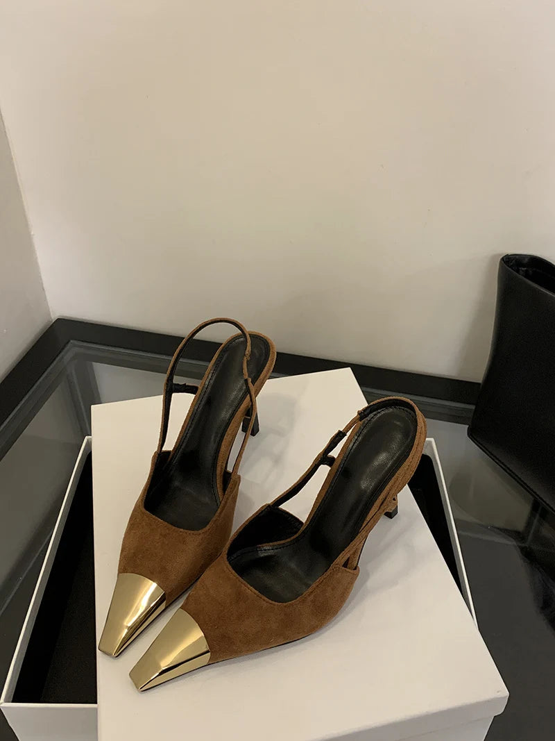 Liyke Sexy Slingback Sandal Female Design Metal Pointed Toe Stiletto High Heels Party Prom Shoes Women Pumps Zapatos Mujer