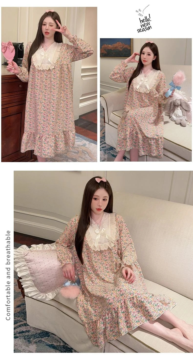 2026 Comfy Long Sleeve Home Dress, Women's Floral Print Loungewear for Spring Autumn, Oversize Sweet Korean Style