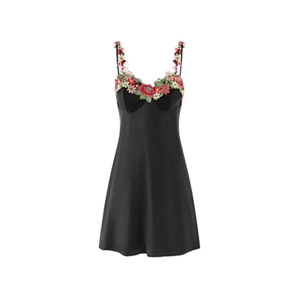 Flower Embroidery Women's Pajama Dress Sleeveless Thin Satin Silk Suspender Nightdress Sleepwear Beauty Back