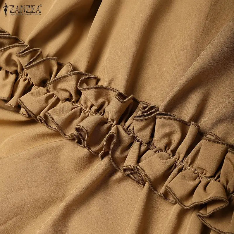 ZANZEA Modest Hijabs Abaya Long Dresses Women Muslim Ramadan O-Neck Pleated Lantern Sleeve Solid Color Ruffles A-Line Robes 3XL