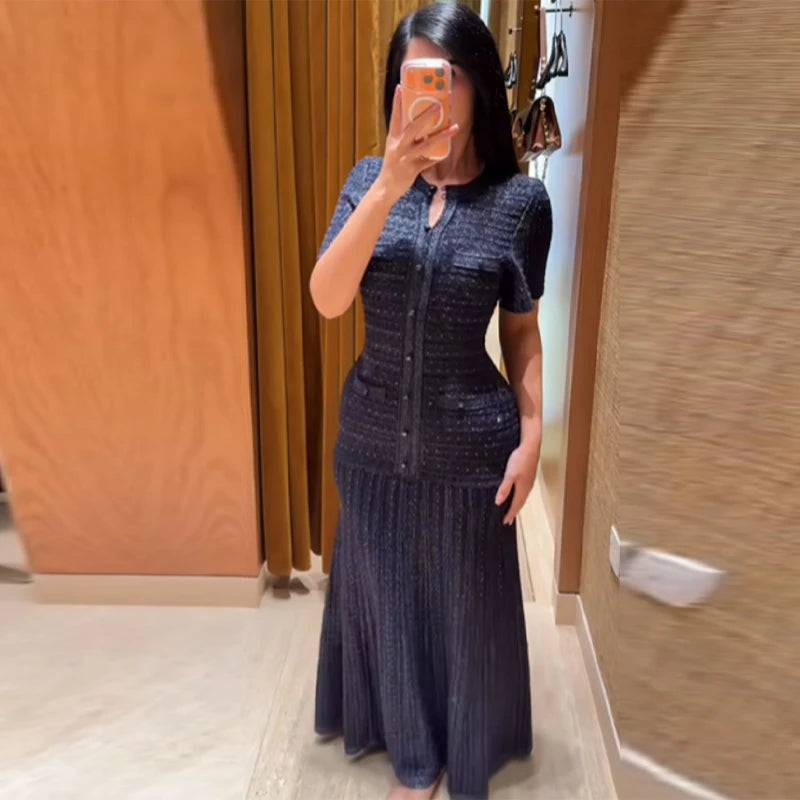 Cinched Waist Sequin Maxi Dress for Women Round Neck Short Sleeved Knitted Dresses 2026 NEW Hollow Out Single Breasted Midi Robe