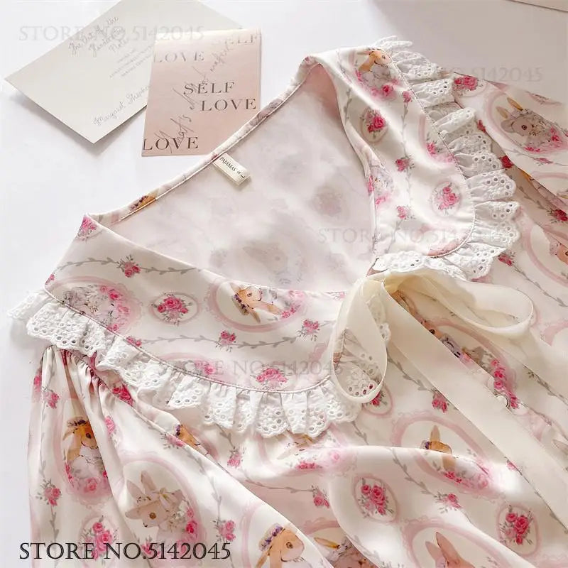 Long Sleeve 2PCS Pjs Trouser Suits Sweet Cute Print Cartoon Sleepwear Pyjama Pour Femme Spring Autumn New Satin Home Clothes