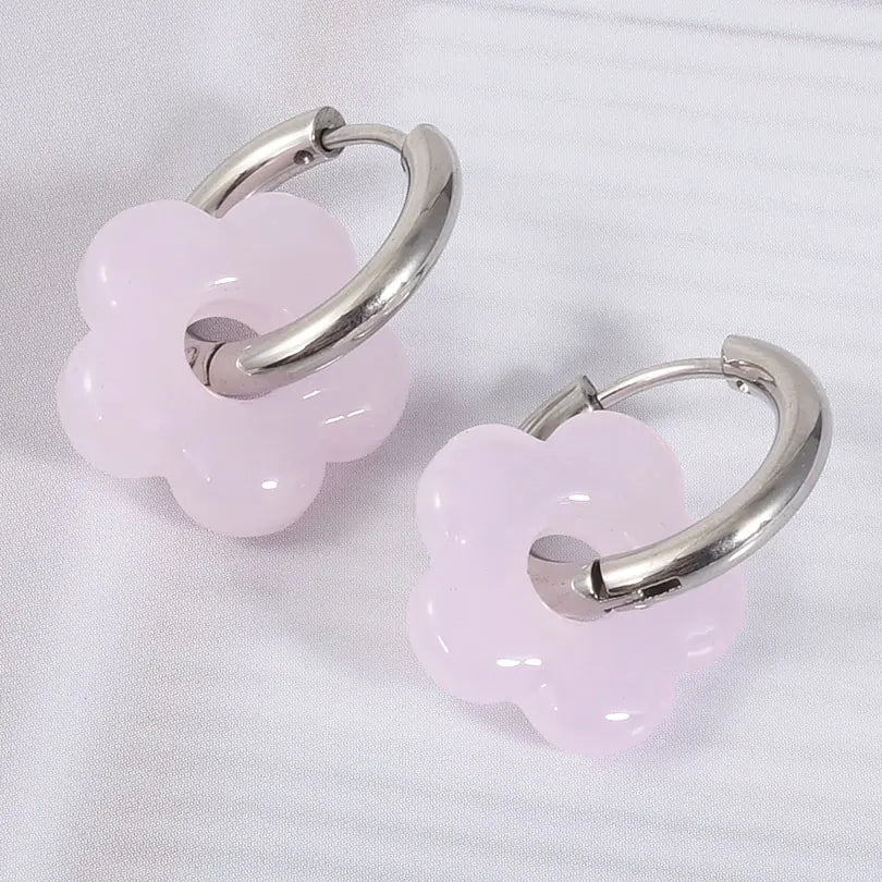 Colorful Flower Glass Drop Charms Earring Gold Color Circle Ear Buckle Hoops Stainless Steel Earrings Fashion Jewelry for Women