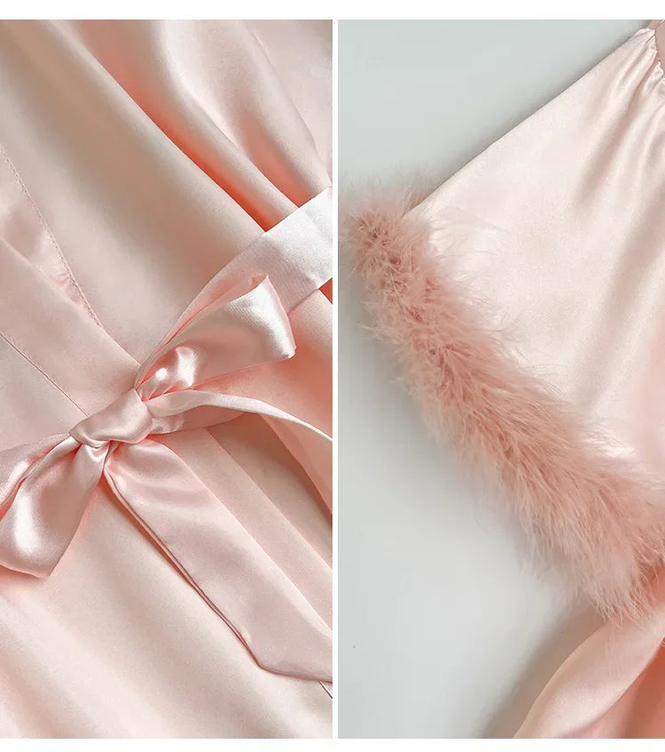 Wedding Bride Bridesmaid Robe Satin Kimono Intimate Lingerie Lady Sexy Feather Sleeve Bathrobe Nightgown Short Sleepwear Onesize