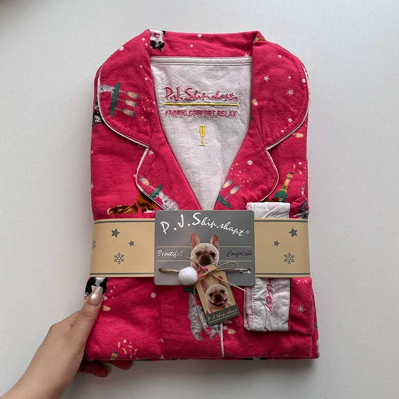 New Loungewear Women Spring Fall Slwwpwear 100% Cotton Floral Print Long Sleeve Pijamas Women 2 Pieces Home Suit Cat Cartoon