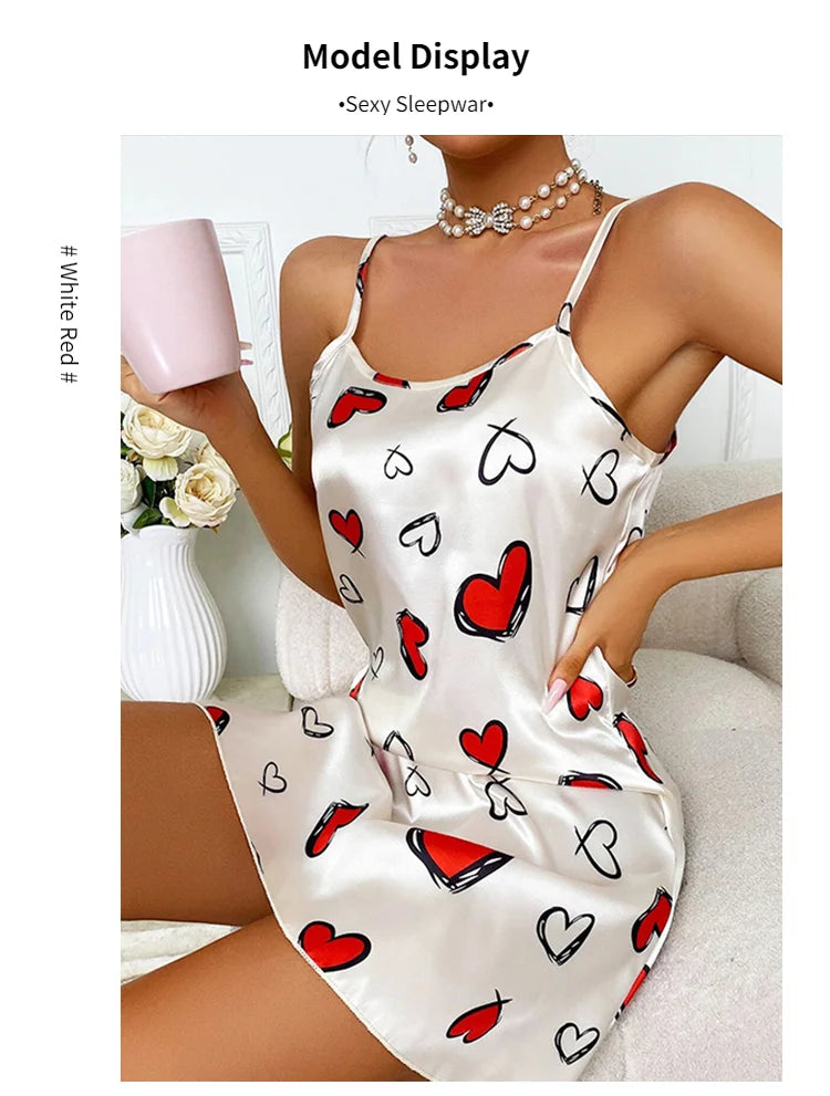 Sexy Sleepwear For Women Satin Lingerie Chemise Slip Nightgown Short Dress Sleep shirt Babydoll Pajamas Print Homewear Pijama