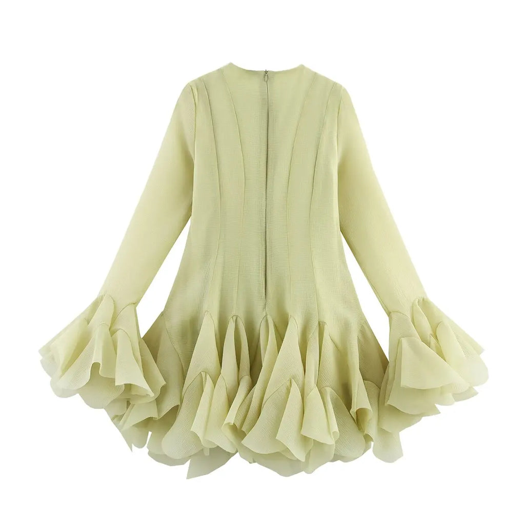 2026 Summer Women's Elegant Multi-Layered Ruffled Hem Mini Dresses Lady Sweet French Style Long Flare Sleeve Slim Fit Puffy Robe