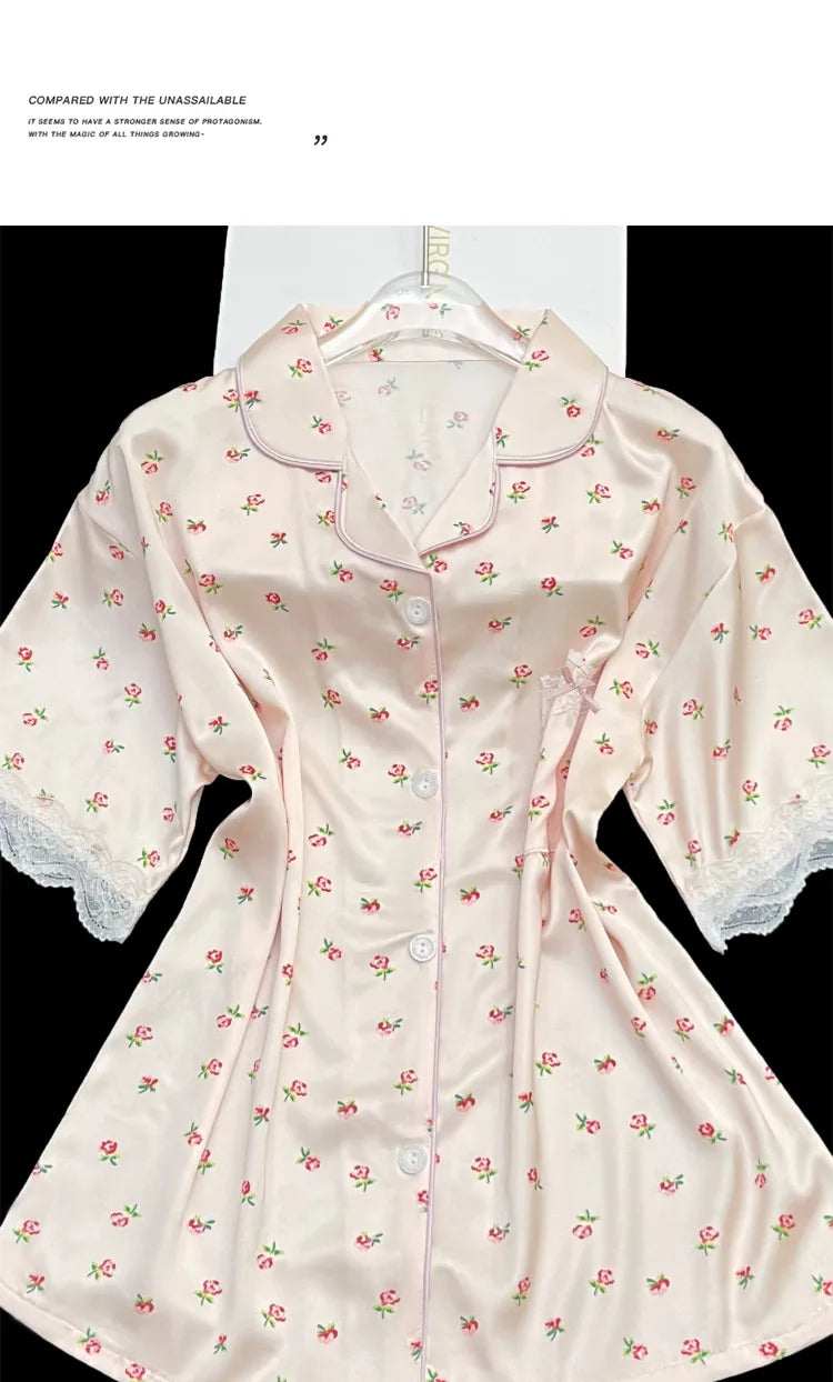 Sweet Floral Ins-Style Ice Silk Pure Desire Girl Pajamas Short-Sleeve Three-Piece Set Summer Satin Lace-Trimmed Loungewear