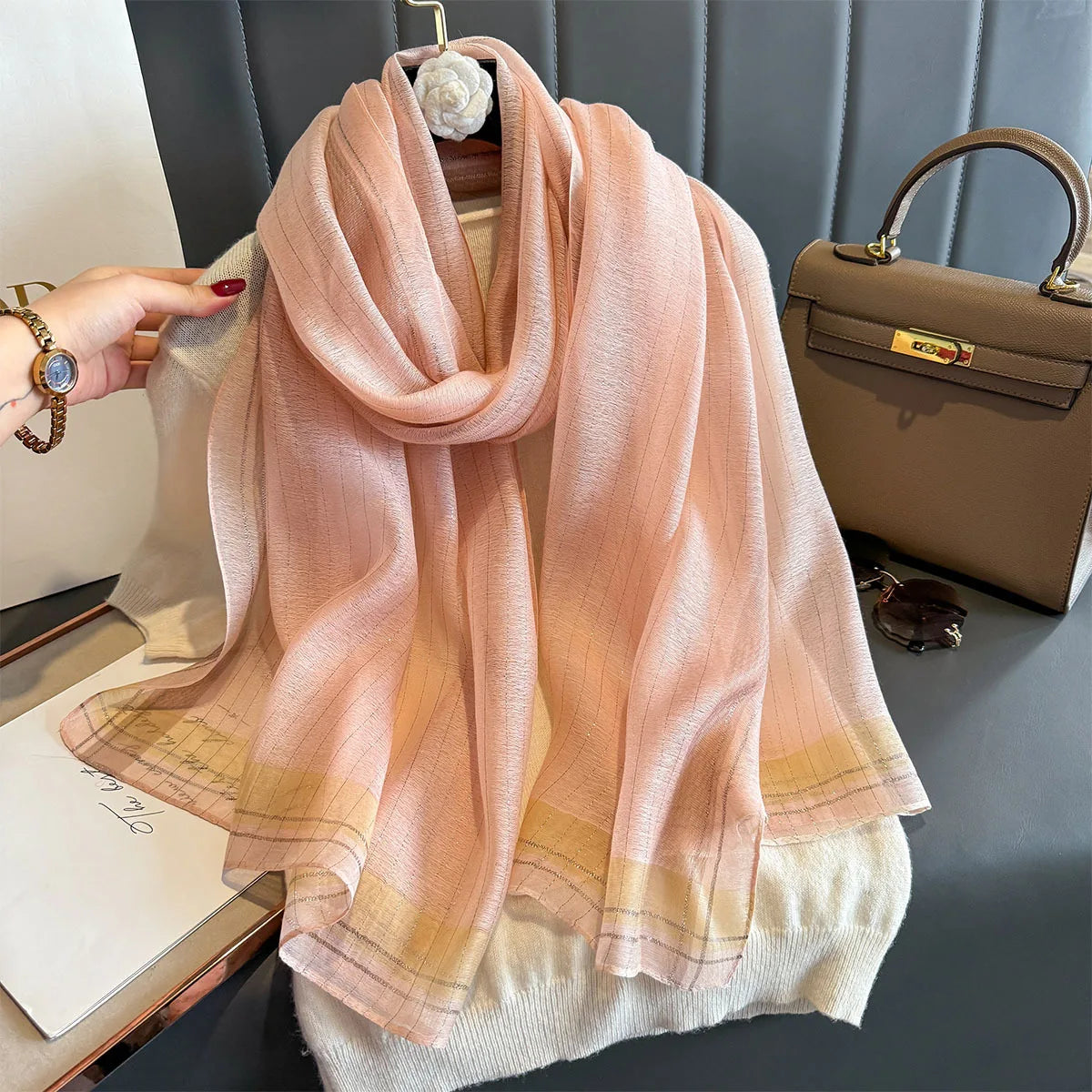 Luxury Long Scarf For Women Elegant Hijab For Travel Beach Soft Stain Neckerchief Shawl Solid Color Imitation Silk Scarves