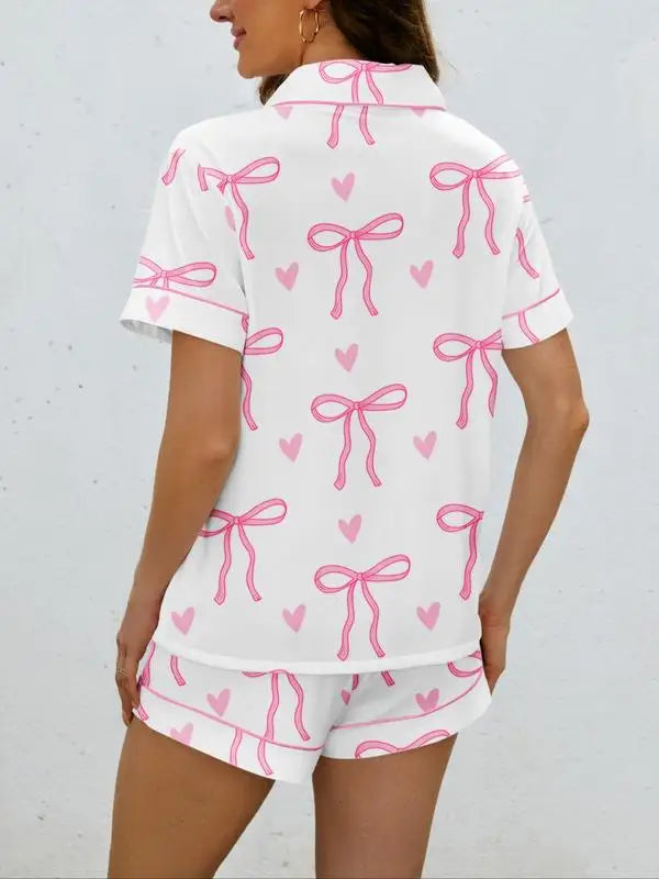 Women's Bow Print Pajama Set, Casual Shirt Collar Soft Top & Elastic Shorts, Comfortable Home Wear for All Seasons