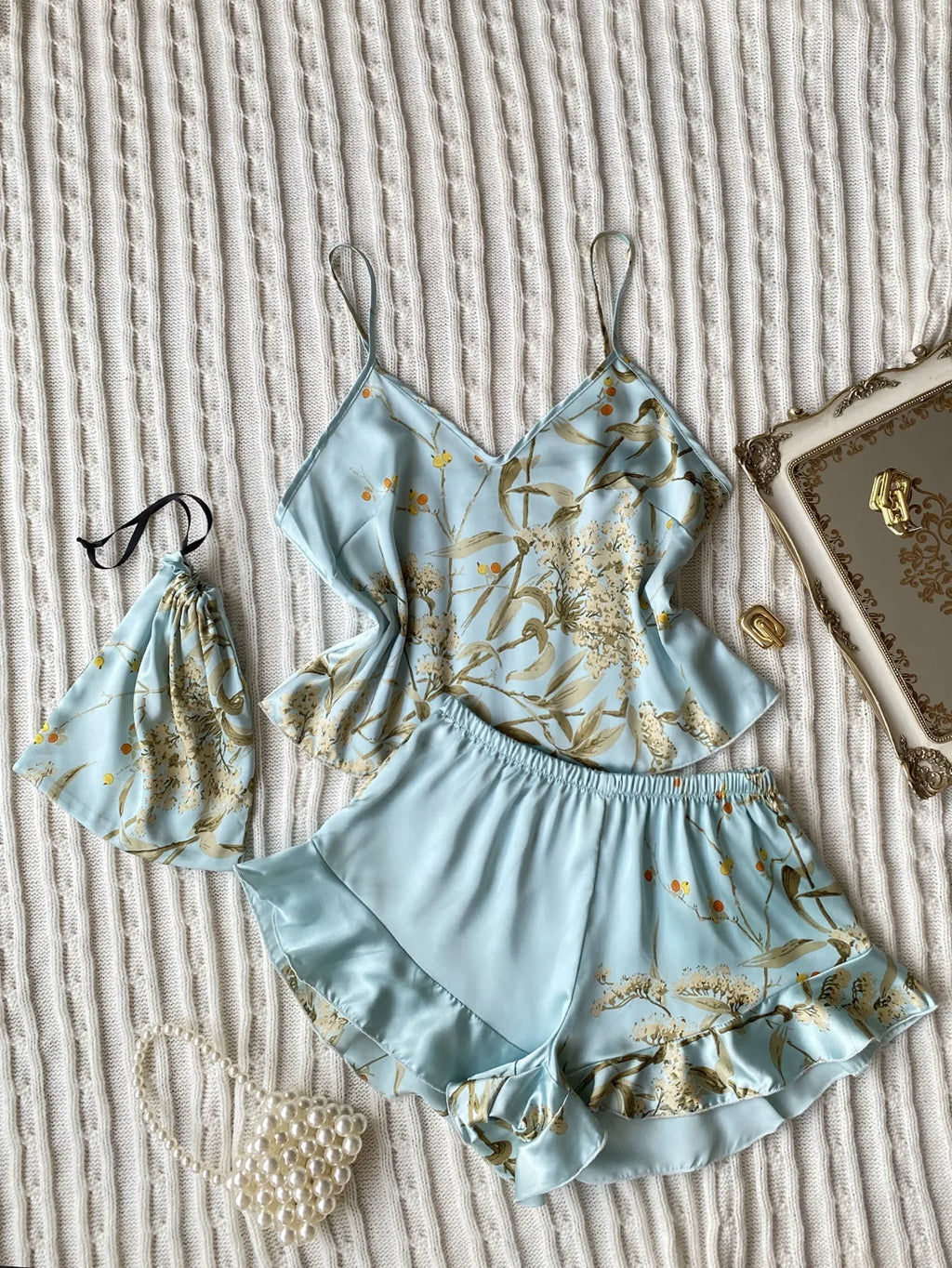 Summer Fashion Pajamas Women Sleepwear 3 Pcs Silk Floral Print Suspenders Tops and Shorts with Hanging Bag Home Wear