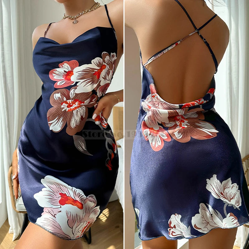 Sexy Sleeveless Nightgown Print Flower Lingerie Underwear Ice Silk Home Dress Women Chemise Sleepwear Nightshirt Nightwear
