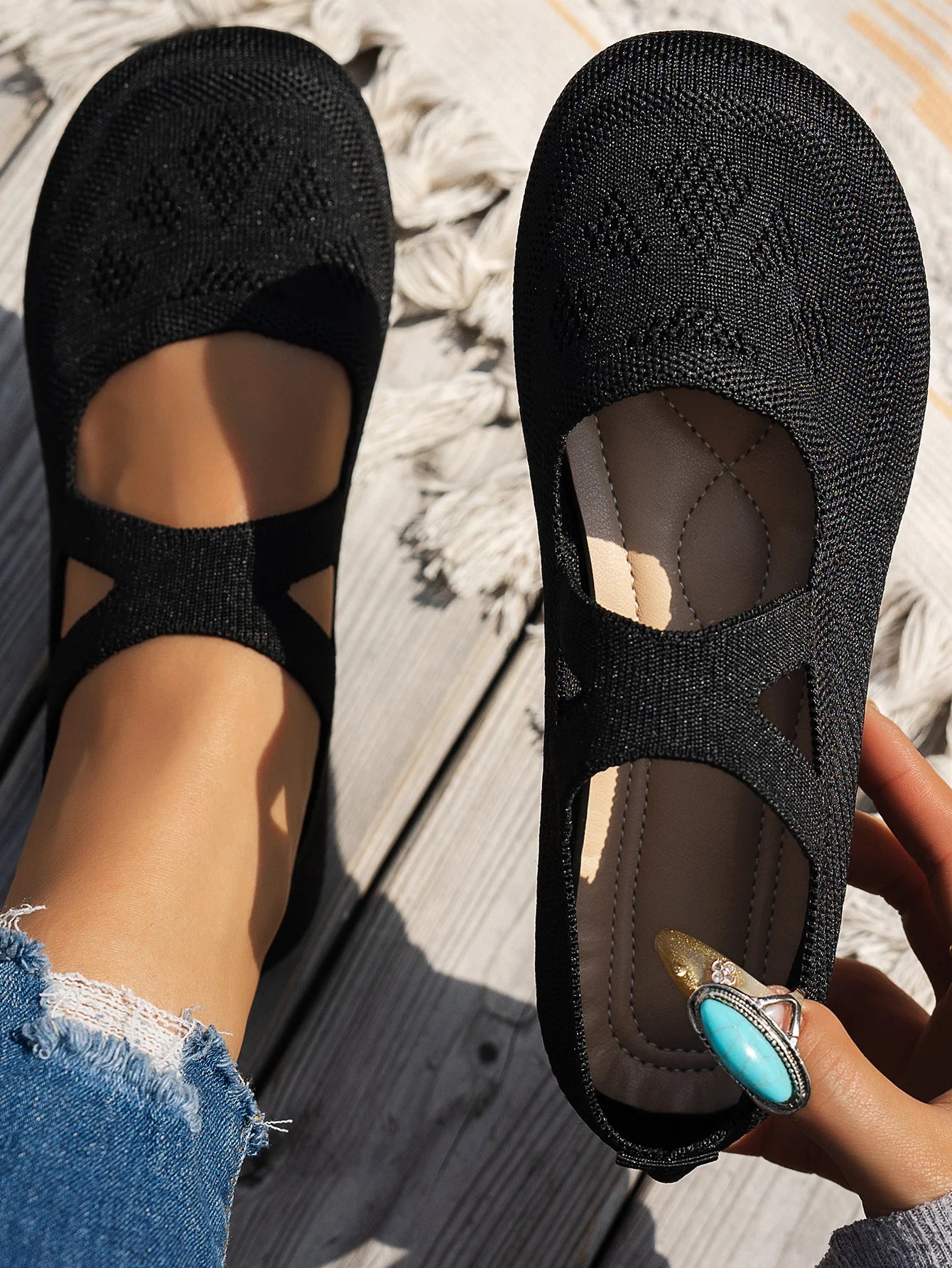 Round-toe small single shoes, fairy-style ballet shoes, comfortable knitted Mary Jane shoes