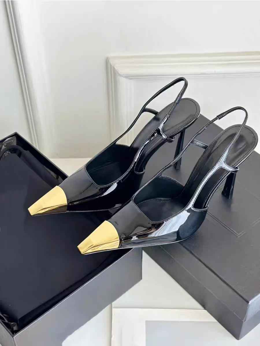 New Summer Women's High-heeled Sandals Gold Iron Head Patent Leather Black Stiletto Square Head Closed Toe Sling Back Shoes