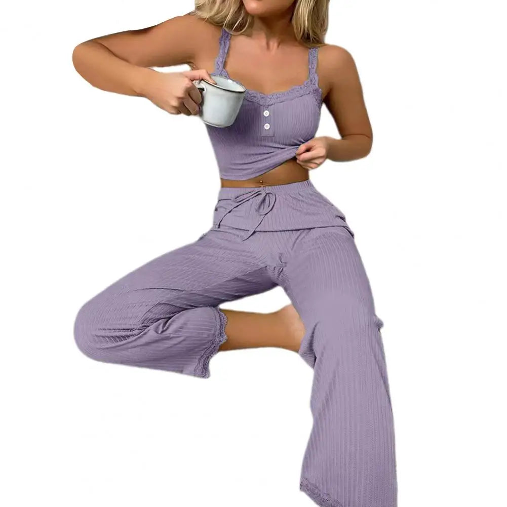 Sexy Casual Pajamas Set For Women Summer Lace  Long Trousers Sexy Two Piece Long Trousers Set Pajamas Loungewear