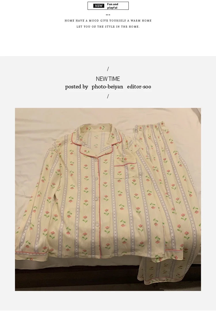 Spring and Autumn New Women's Fresh Flowers Long-Sleeved Pajamas Homewear Suit Leisure Pajamas Thin Section Homewear Pajamas Set