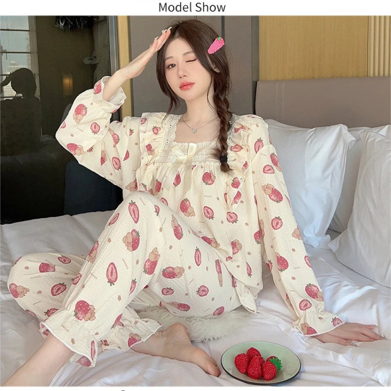 100kg Plus Size Cherry Print Pajama Women Korean Sweet Spring Long Sleeve Top Long Pants Plaid Homewear Princess Loose Outfits