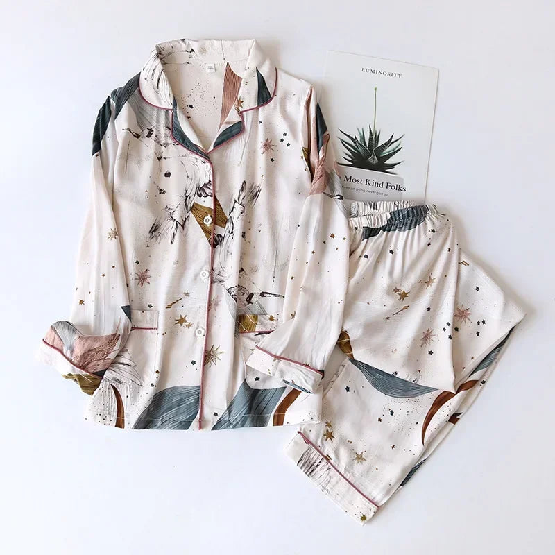Spring and autumn ladies cute cartoon floral viscose fiber pajamas two-piece long-sleeved home service cotton summer thin shorts