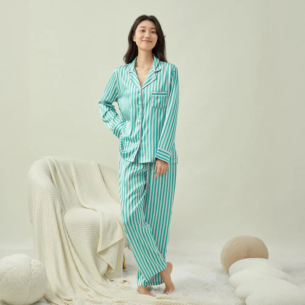 Women Striped Satin Pajama Set Autumn Cardigan Long Sleeve Pants Loose Casual Wear Fashion Classic Pink sleepcoat Two Piece Set