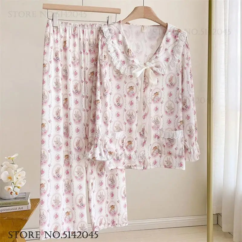 Long Sleeve 2PCS Pjs Trouser Suits Sweet Cute Print Cartoon Sleepwear Pyjama Pour Femme Spring Autumn New Satin Home Clothes