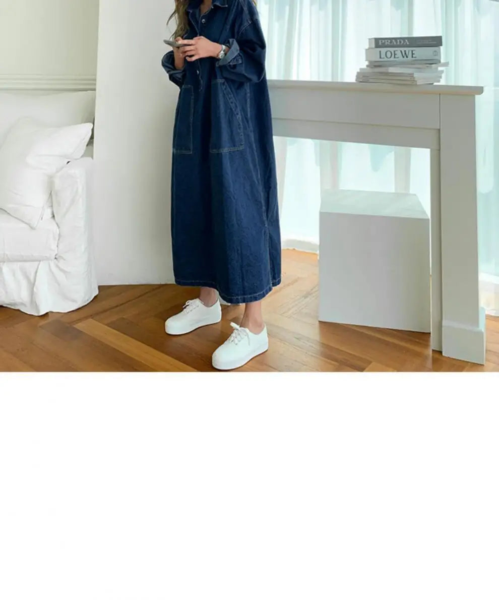 Long Dress Women Denim Dresses Turn Down Collar A Line Vestidos Maxi Mom Jeans Streetwear Casual Loose Y2k Summer 2025 Party