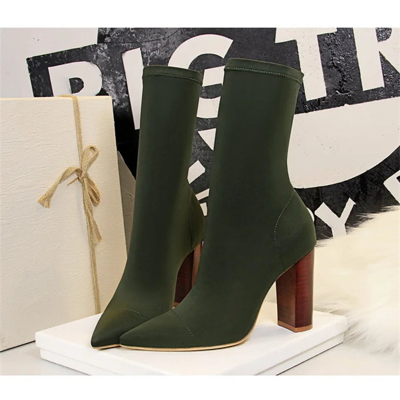 Mid-Calf Boots 2024 New Women Stretch Sock Boots Chunky Block Heels High Heels Silk Shoes Solid Color Short Boots Autumn 3129-3