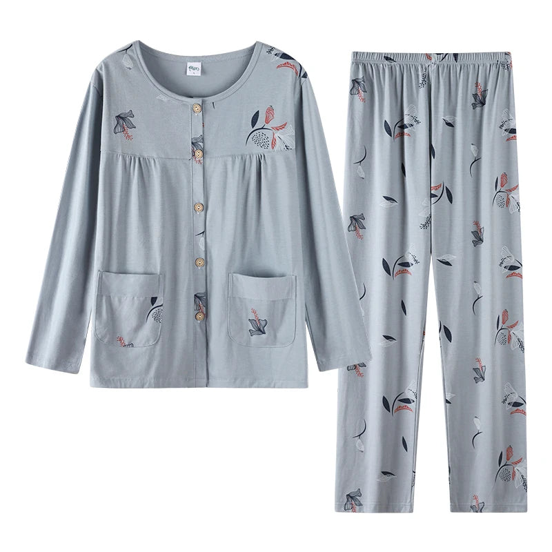 Women Small Flower Pajamas Set Big Yards Pijamas Mujer Autumn Sweet Cute Princess Long Sleeve Cardigan O-Neck Nightwear Homewear