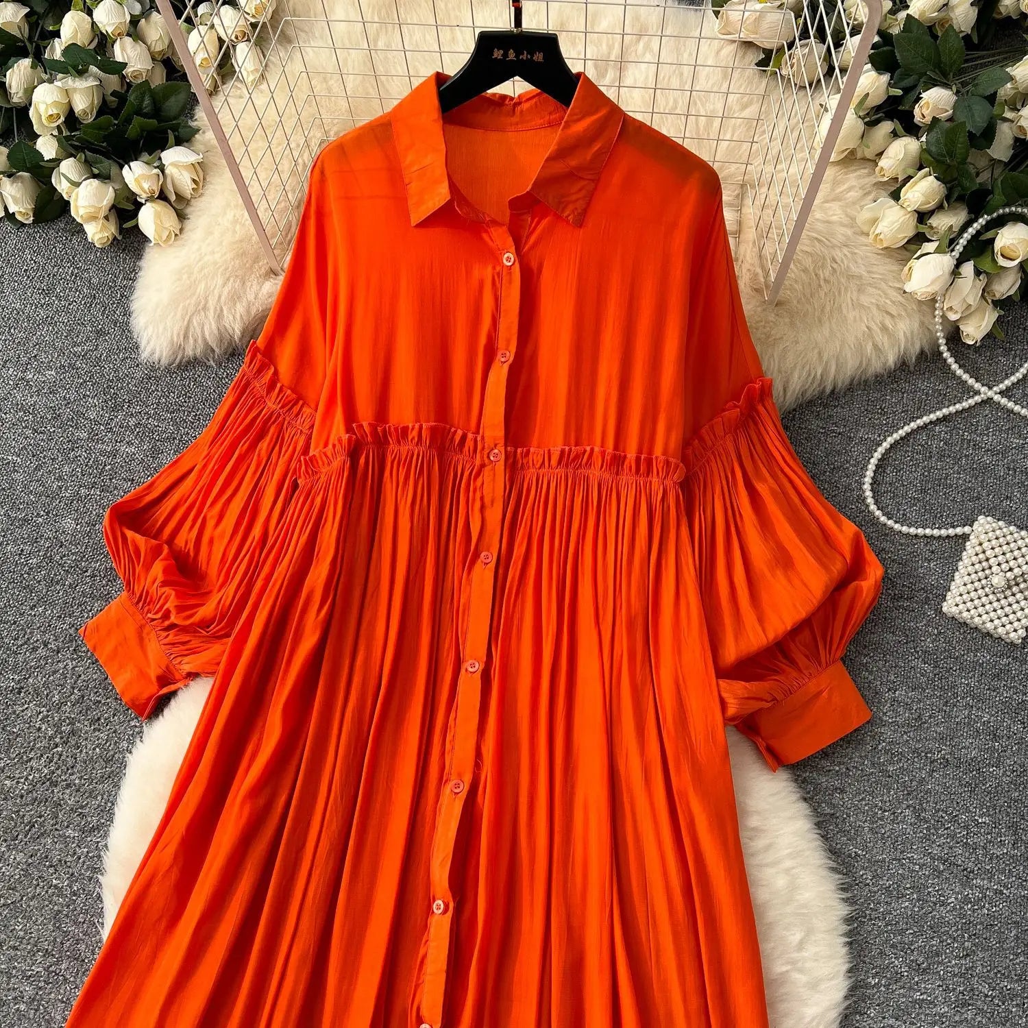 Pleated Dress Women Long Dresses A Line Vestidos Streetwear Lantern Sleeve Elegant Splice Y2k Single Breasted Loose Summer 2025