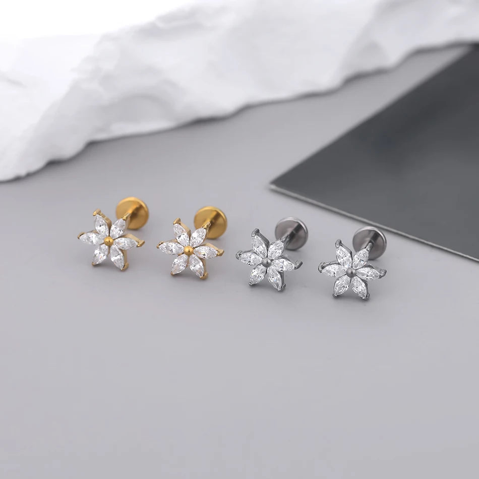 1Pc Titanium Ear Cartilage Stud Earrings for Women Internal Thread Zircon Flower Ear Lobe Tragus Helix Lip Rings Jewelry 16G