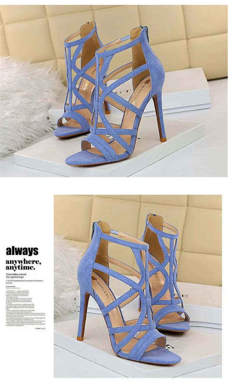 Women Roman style Thin High Heels Pumps Pointed Toe Suede Hollow Strap Party Shoes Solid Solid Ankle Zip Summer Sandals