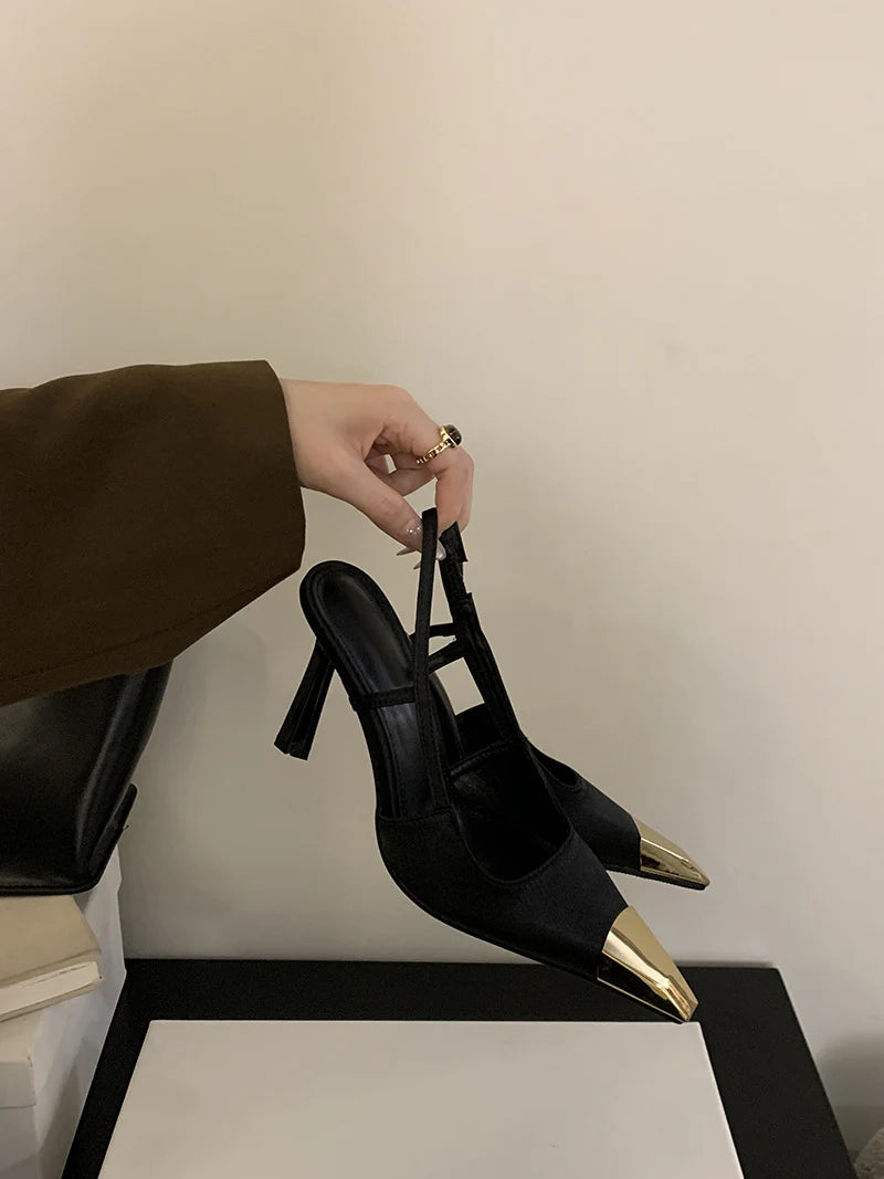 Liyke Sexy Slingback Sandal Female Design Metal Pointed Toe Stiletto High Heels Party Prom Shoes Women Pumps Zapatos Mujer