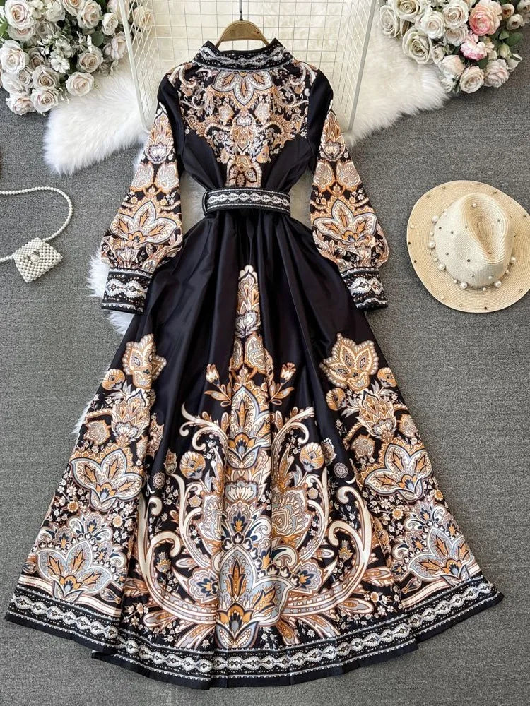 Elegant Vintage Court Style Long Sleeve Collared Slim Fit Print Shirt Dress Knitted Fabric Midi Skirt Length Button Detail