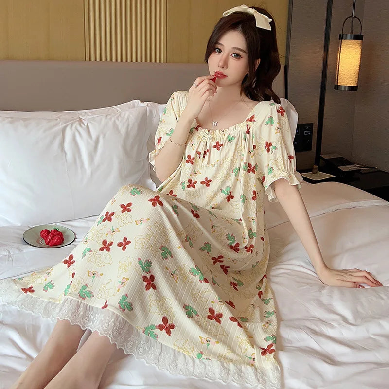 M-5XL Plus Size Sleep Dress for Women Korean Sweet Summer Sleepwear Students Cute Print Nightgown Pajama Sleepshirt Home Clothes
