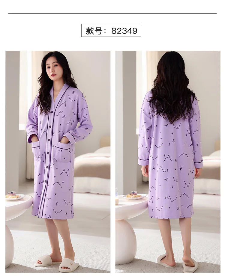 Big Size M-5XL Spring and Autumn Women Nightdress With Chest Pad Femme Knited Cotton Nightwear Floral Nightgown