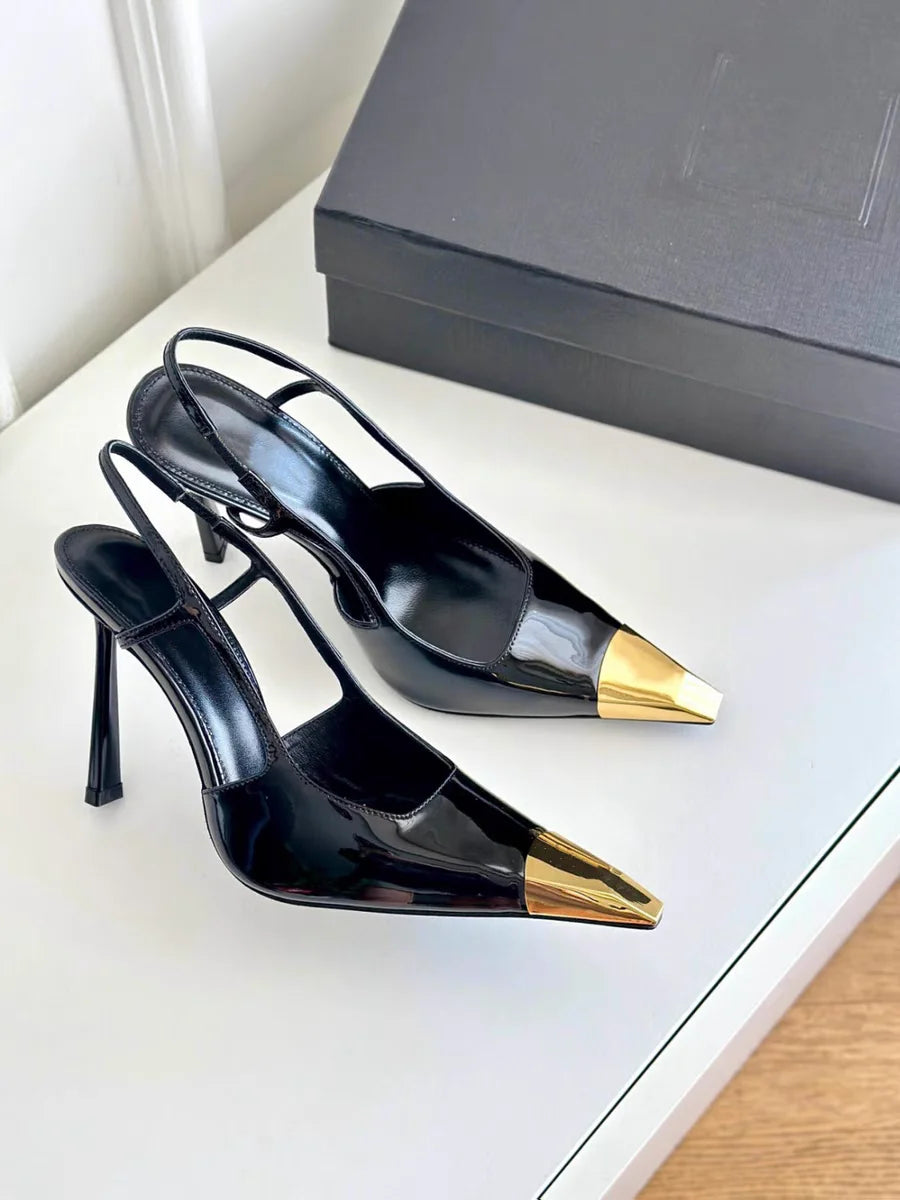 New Summer Women's High-heeled Sandals Gold Iron Head Patent Leather Black Stiletto Square Head Closed Toe Sling Back Shoes