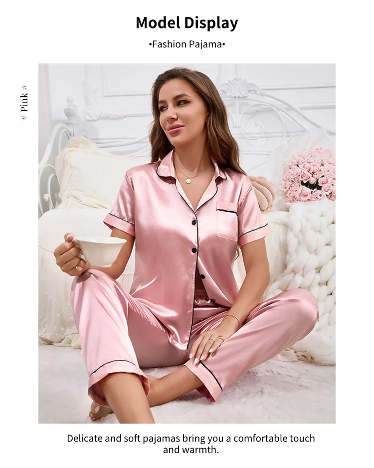 Women Pajamas Sets Spring Short Sleeve Satin Button-Down Top with Pants 2 Piece Pajama Set Sleepwear Pj Set Homewear Loungewear