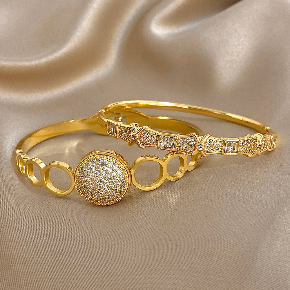 New Stainless Steel Waterproof Cuff Bracelet Bangle For Women Exquisite Shiny Inlaid Zircon Geometric Stacked Jewelry Gifts