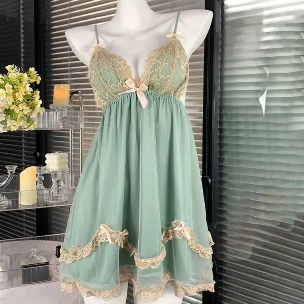 Lace Bowknot Women's Pajama Dress Flower Ruffle Suspender Nightdress Sleeveless Sleepwear Sling Nightgown with Pads Summer
