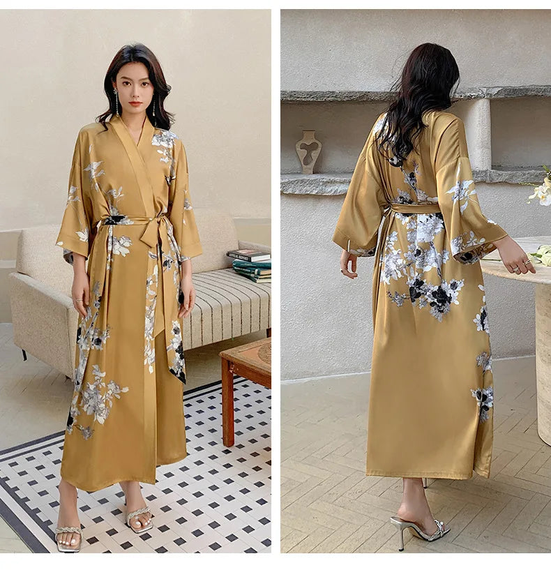 New Spring Summer Female Long Robe Nightgown Sexy Print Flower Kimono Bathrobe Gown Casual Silk Satin Home Dress Lounge Wear