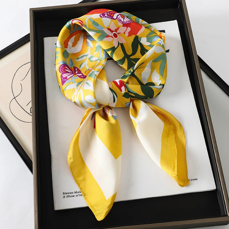 Luxury Women Silk Square Scarf Shawl Fashion Xiaoxiangfeng Print Design Satin Hijab Wraps Neckerchief Female Hair Bands 70*70CM