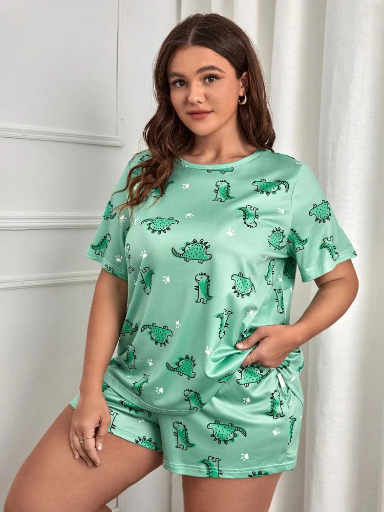 5XL Plus Size Women Pajama Set Print Sleepwear Short Sleeve Top with Shorts Summer Comfy Sleepwear 2 Pieces Loose Home Clothes