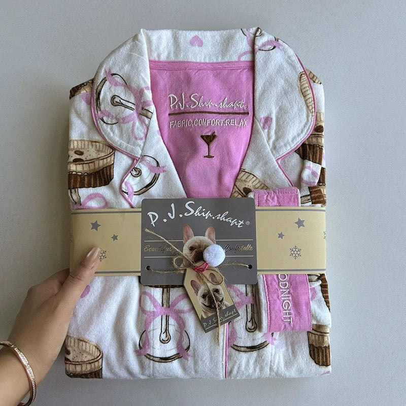 New Loungewear Women Spring Fall Slwwpwear 100% Cotton Floral Print Long Sleeve Pijamas Women 2 Pieces Home Suit Cat Cartoon