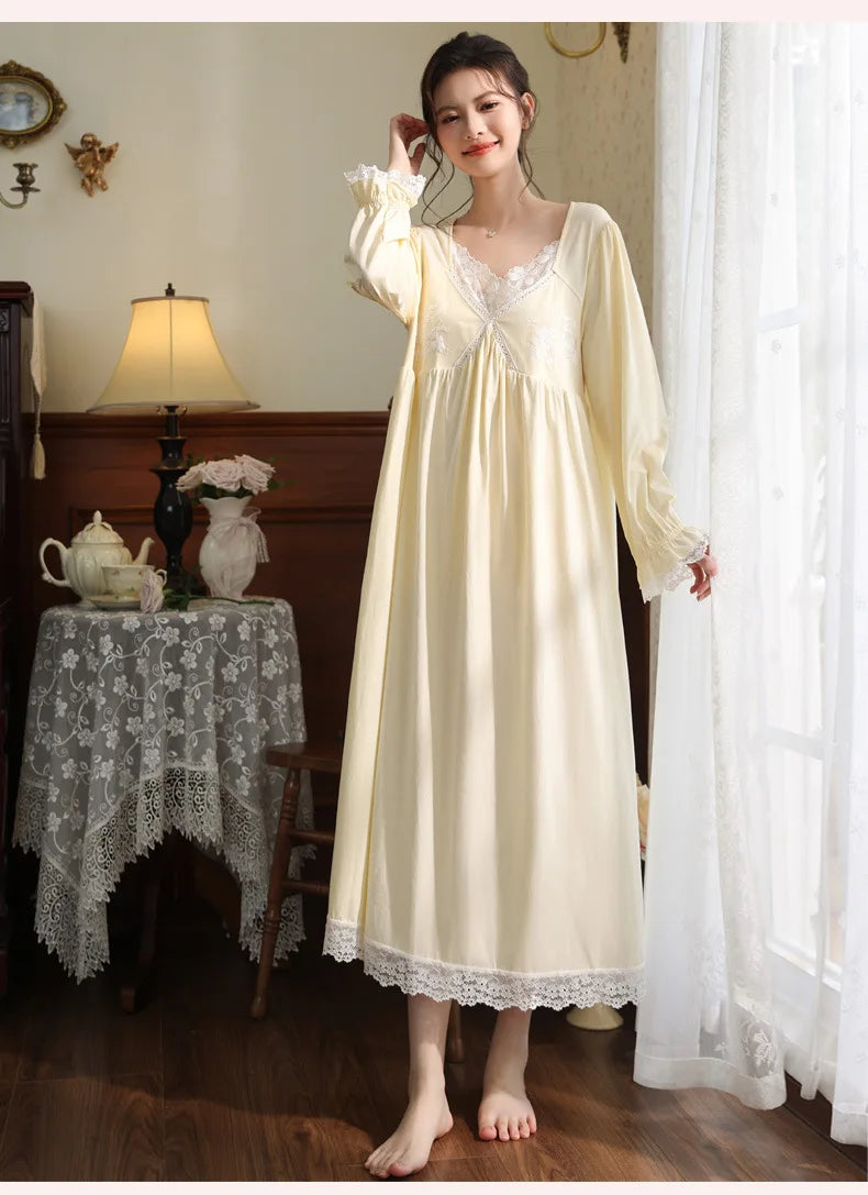 Vintage Victorian Nightgown Women Lace Embroidered Palace Style Princess Sleep Dress Cotton Soft Romantic French Loungewear