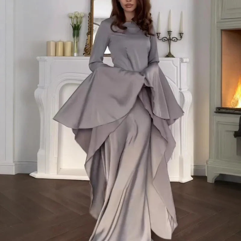 Women Cocktail Party Dress Big Swing Middle Eastern Long Floating Sleeves Slim Empire Lady Banquet Solid Maxi Clothing