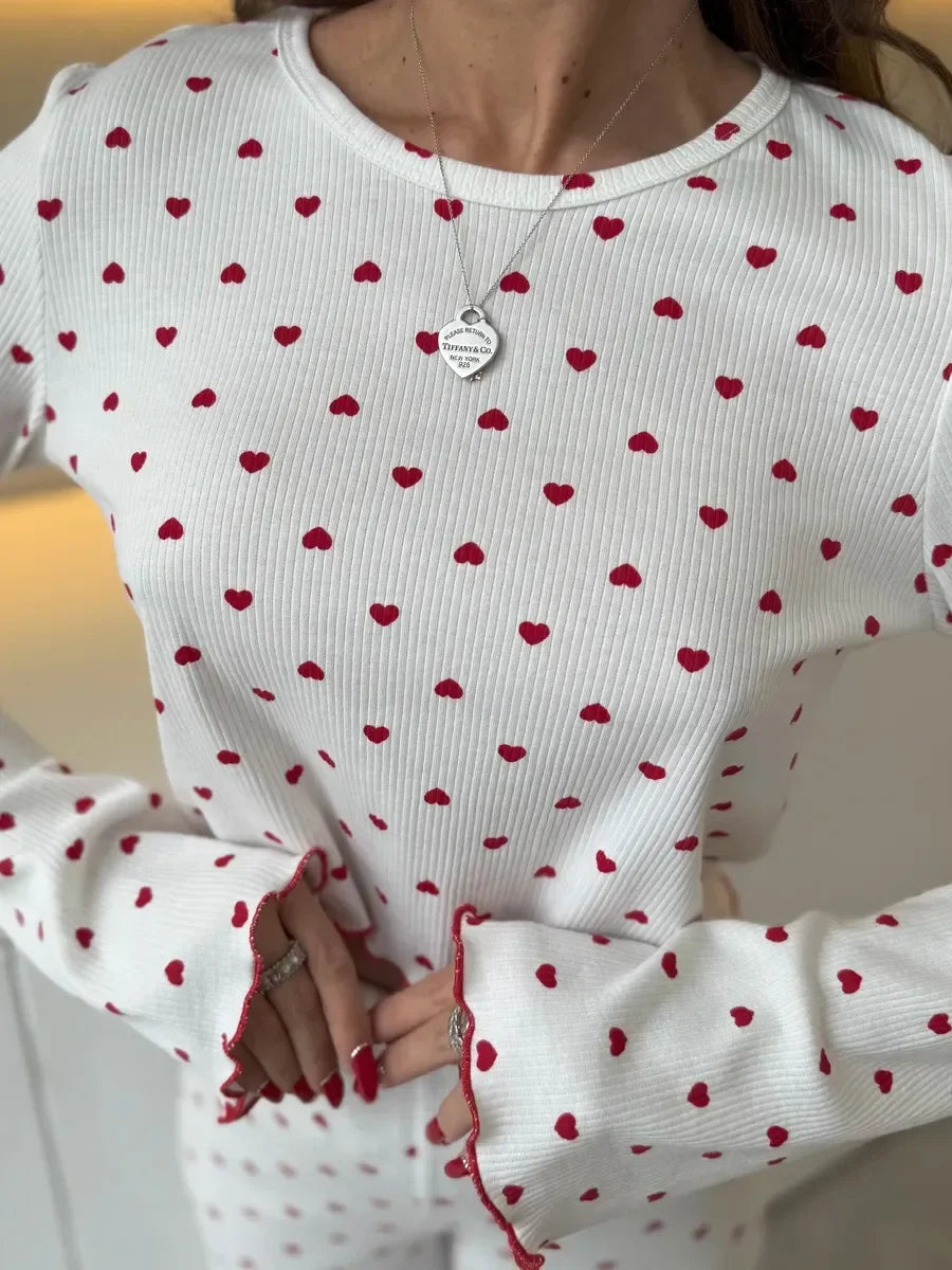 Autumn Winter Pajama Set Women 2pcs Y2K-Style Cherry Print Cuffed-Long-Sleeve Tops and Long Trousers Sleepwear Homewear
