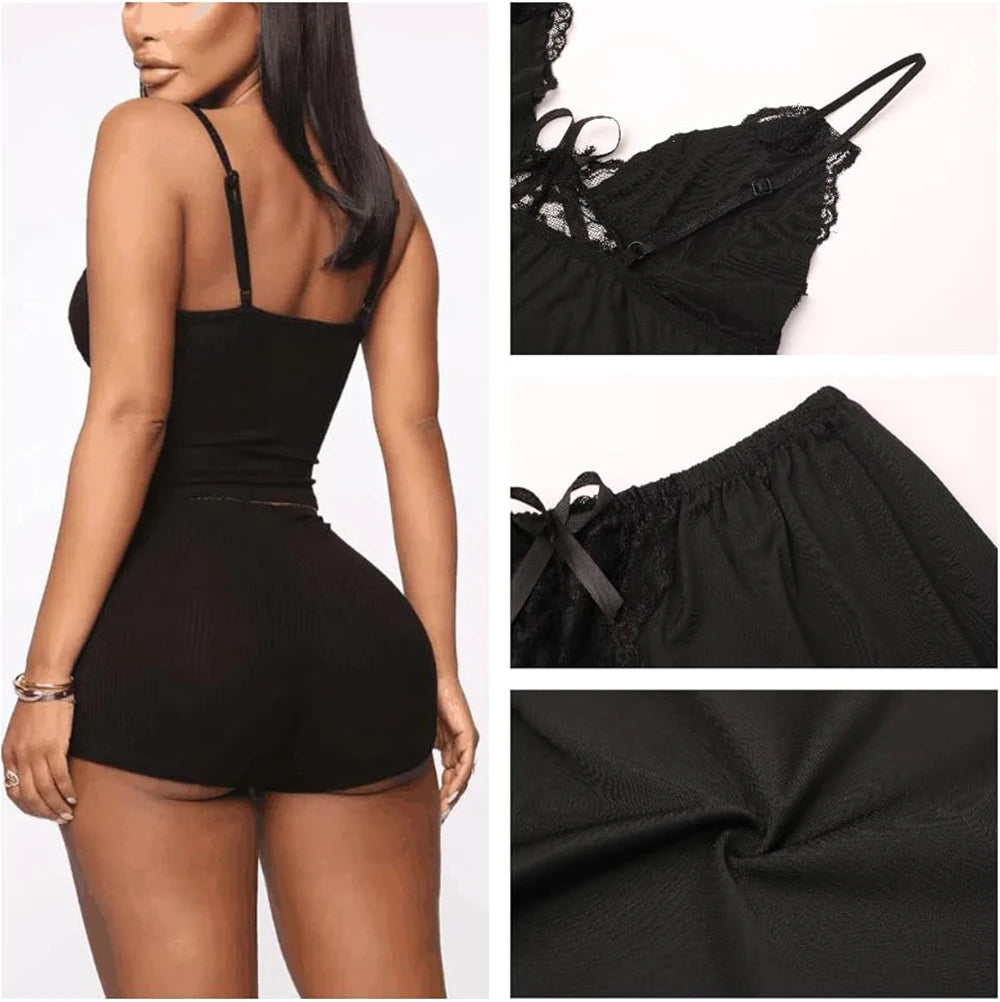 Ladies Summer Pajamas Two Pieces Sexy Pajamas For Women Suspenders Lace Camis And Short Pajamas Set V Neck Home Clothing Suit